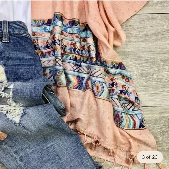 Brandie Peach Embroidered Open Front Tassel Detail Kimono - Picture 6 of 13